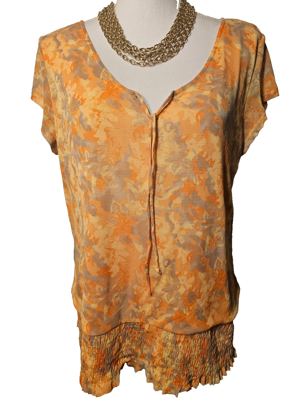 Axcess Womens Orange Floral Top Elastic Waist Short Sleeves Lined Blouse Size XL